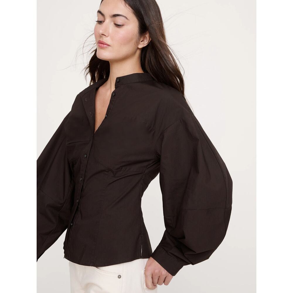 NWT Banana Republic Cotton Poplin Balloon-Sleeve Shirt Ganache Brown Womens 12
